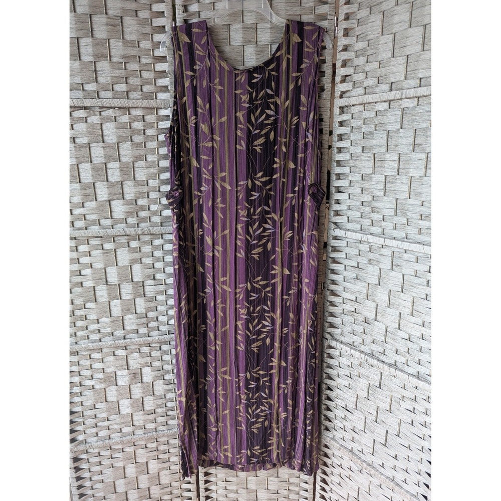 Vtg 90s Maxi Dress‎ Purple Striped Leaf Print Sleeveless Sz PL Relaxed Resort